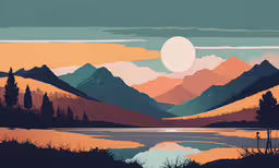 a poster of a scenic landscape featuring mountains, trees and the moon,the mountain range has trees and mountains in the foreground