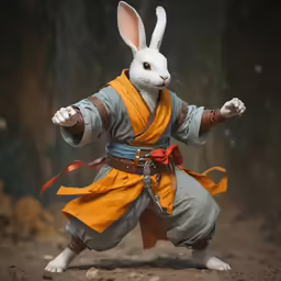 the rabbit figure is posed in a costume
