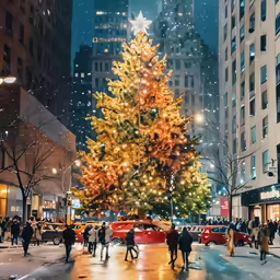 a christmas tree stands outside of a city street