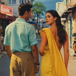 a man and woman talking together standing in the street