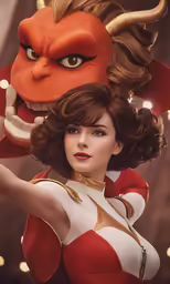 the beautiful woman is posing for the camera with an orange dragon head on her face