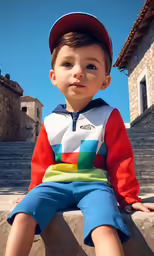 a child sits on steps with his foot up on his head