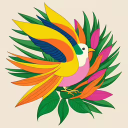 the colorful bird is perched on top of leaves,the tropical bird with its colorful wings on top of leaves