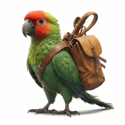 a green and orange parrot standing with a brown backpack