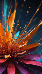 this is a colorful flower with water drops on it,a closeup shot of the center of a flower