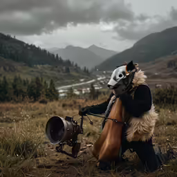 a photographer wearing a panda mask sitting in an open field
