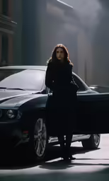 a woman standing beside a car with smoke billowing from her mouth