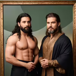 a man standing next to another man in front of a framed photo