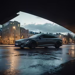 this is a car parked in the wet road