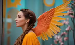 girl with wings on head looking in the window