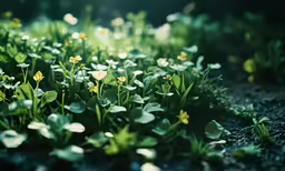 a group of small flowers and plants in the grass
