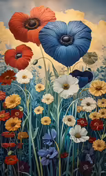 a painting of flowers in a grass field