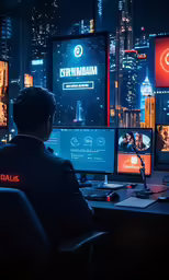 a man at a desk with multiple computer monitors