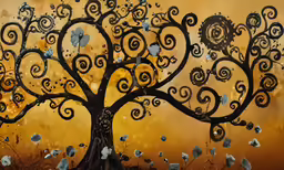 an art print of a black tree with blue flowers in it