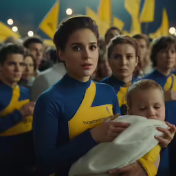 a woman holding a baby in her arms and other people