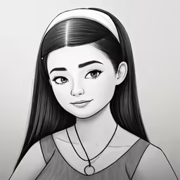a girl with long black hair and eyes in gray dress