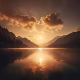 the sun is setting over a lake surrounded by mountains