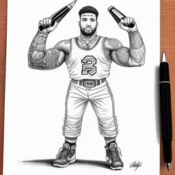 an ink drawing of a football player holding two guns,a drawing of an athlete with a gun and a basketball,the artist is doing his illustrations for his upcoming project,a drawing of a man holding two guns,a black and white drawing of a man holding two bottles
