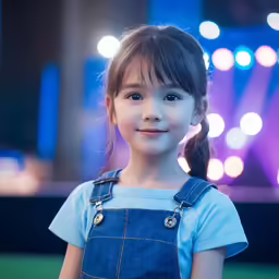 a little girl smiling in front of blue lights