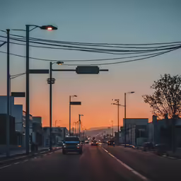 a few cars are driving under the traffic lights