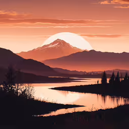 the sun is setting in a beautiful landscape,a lake at sunset with the sun in the distance