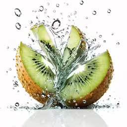 kiwi slices with leaves and water splashing out on them