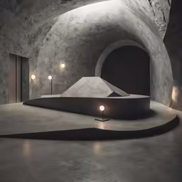 an empty concrete room has a large, round area