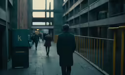a person walking in an alley with people walking up and down