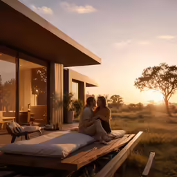 a couple sits on top of the bed of their home