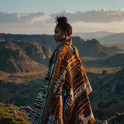 an african american wearing a blanket on top of a hill
