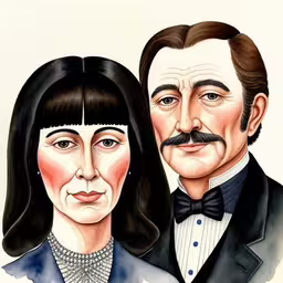 a couple with a man wearing a suit and woman wearing a dress in front of a painting,a picture of a couple of people wearing suit