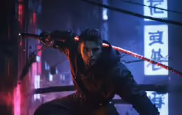 a man holding a sword with blood on it