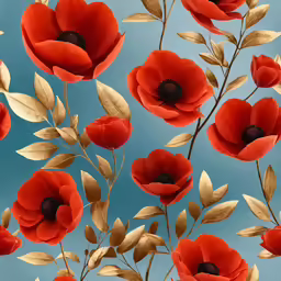 a large group of red flowers on a blue sky