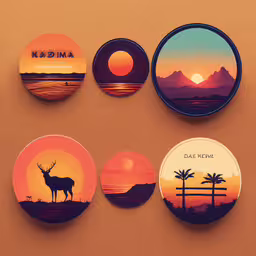 six coasters sitting on a brown wall showing a sunset, deer, and palm trees,the four coasters of different styles are shown in this photo