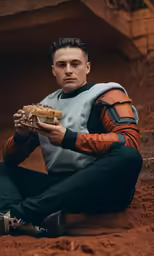 a man sitting on the ground in a desert outfit
