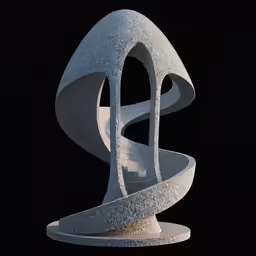 an abstract white sculpture with spiraled curves and a man standing next to it
