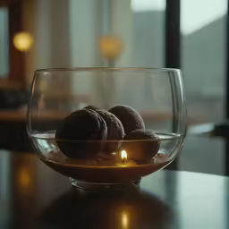 the glass bowl has three small oranges in it