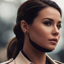 a woman with a coat on, looking into the distance