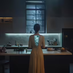 a woman looking out the window of a kitchen