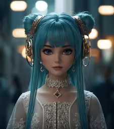 a female with blue hair wearing many gold accessories