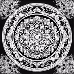 black and white drawing of a circle surrounded by floral vines,an ornate round motif in black and white