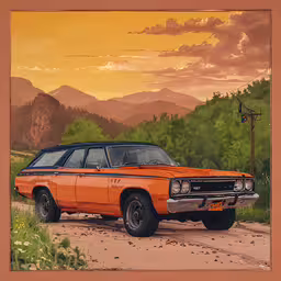 an old car is parked on the side of a dirt road in a field with mountain peaks behind it,an orange and black station wagon is driving down the dirt road