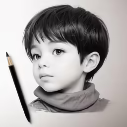 a pencil drawing a young boy next to an object