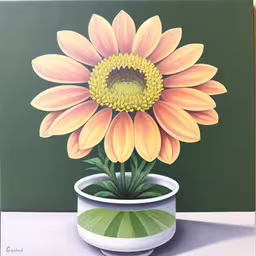 a painting of a large flower in a small white pot,this is a flower in a vase on a table