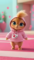 the doll is wearing a pink coat and red shoes