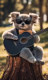 a stuffed animal with sunglasses, a guitar and a bow tie