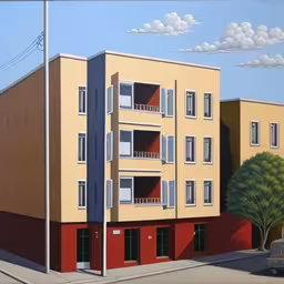 two buildings painted side by side with a small tree,a multistory building with balconies painted on the side