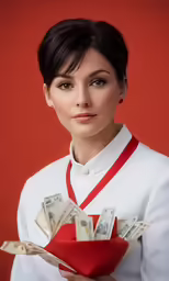 a woman holds some cash and stares at the camera