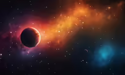 a red and blue object is in the air above a star field