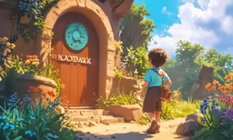 a boy walking in front of a clock surrounded by flowers